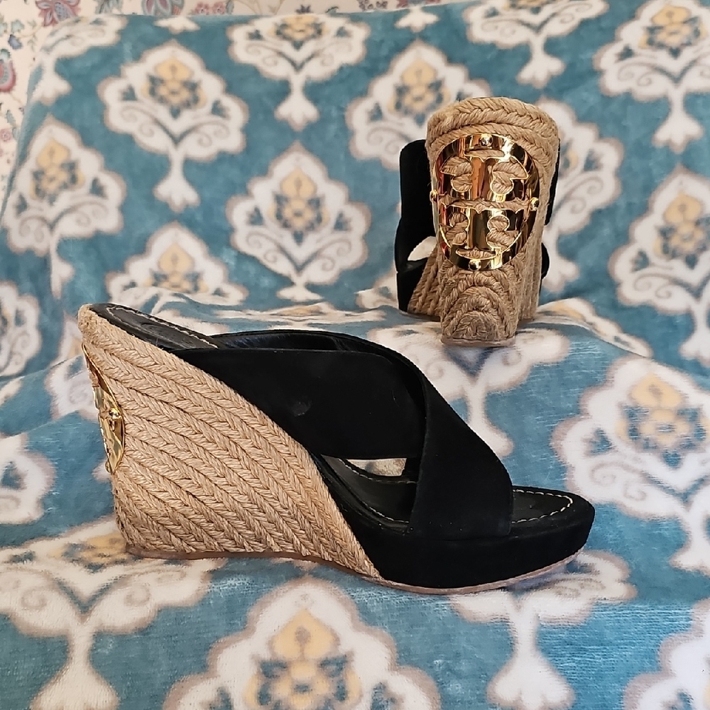 Tory Burch Black Suede Wedges 6.5